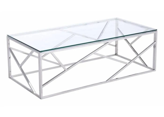 Metalowy stolik kawowy 110x60 cm w kolorze srebrnym ze szklanym blatem